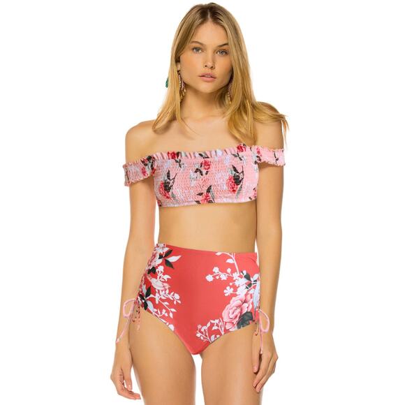 NWT Pink Floral Ruffle Smocked Top Off Shoulder Bikini Swimsuit - Medium - Picture 6 of 7